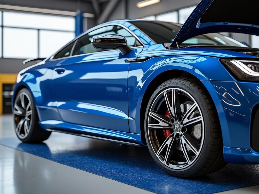 Close-up of a sleek blue sports car with an open hood, modern alloy wheels, and a shiny exterior in a well-lit garage. Close-up of a sleek blue sports car with an open hood, modern alloy wheels, and a shiny exterior in a well-lit garage.