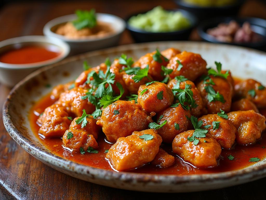 Delicious spicy chicken curry garnished with fresh cilantro, served on a rustic plate with side bowls of chutney and sauce.