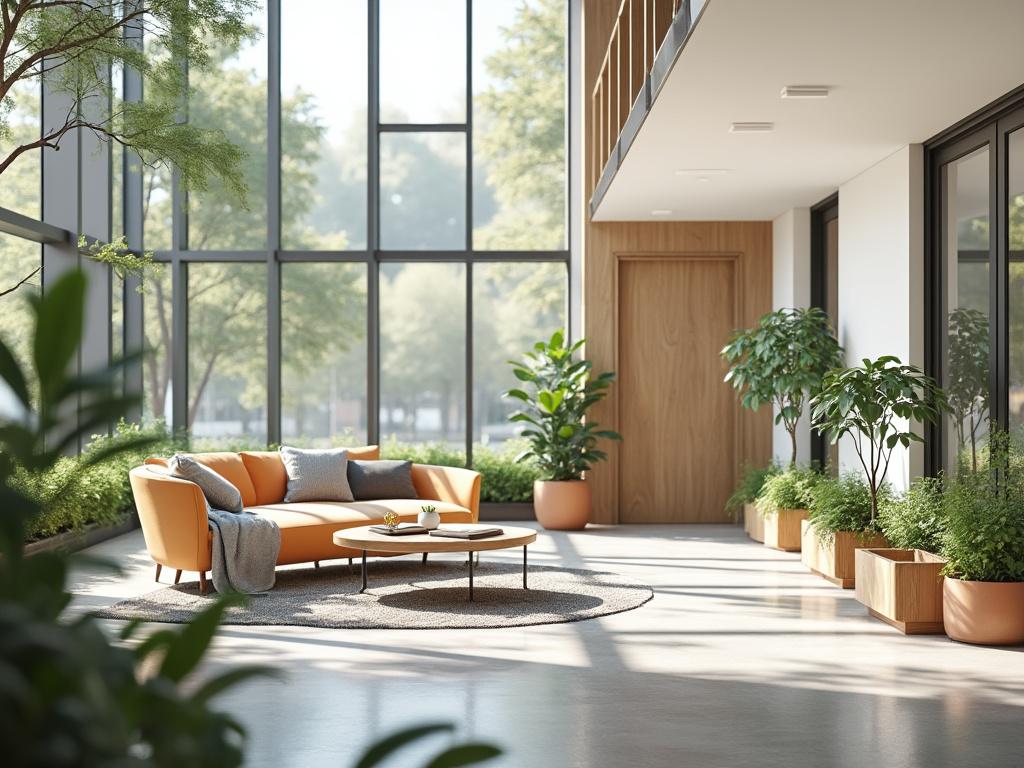 Modern indoor living room with large windows, an orange sectional sofa, indoor plants, and wooden elements.