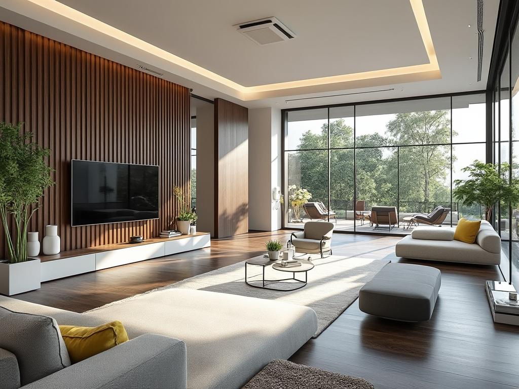 Modern living room with wood paneling, large windows, and minimalistic furniture.