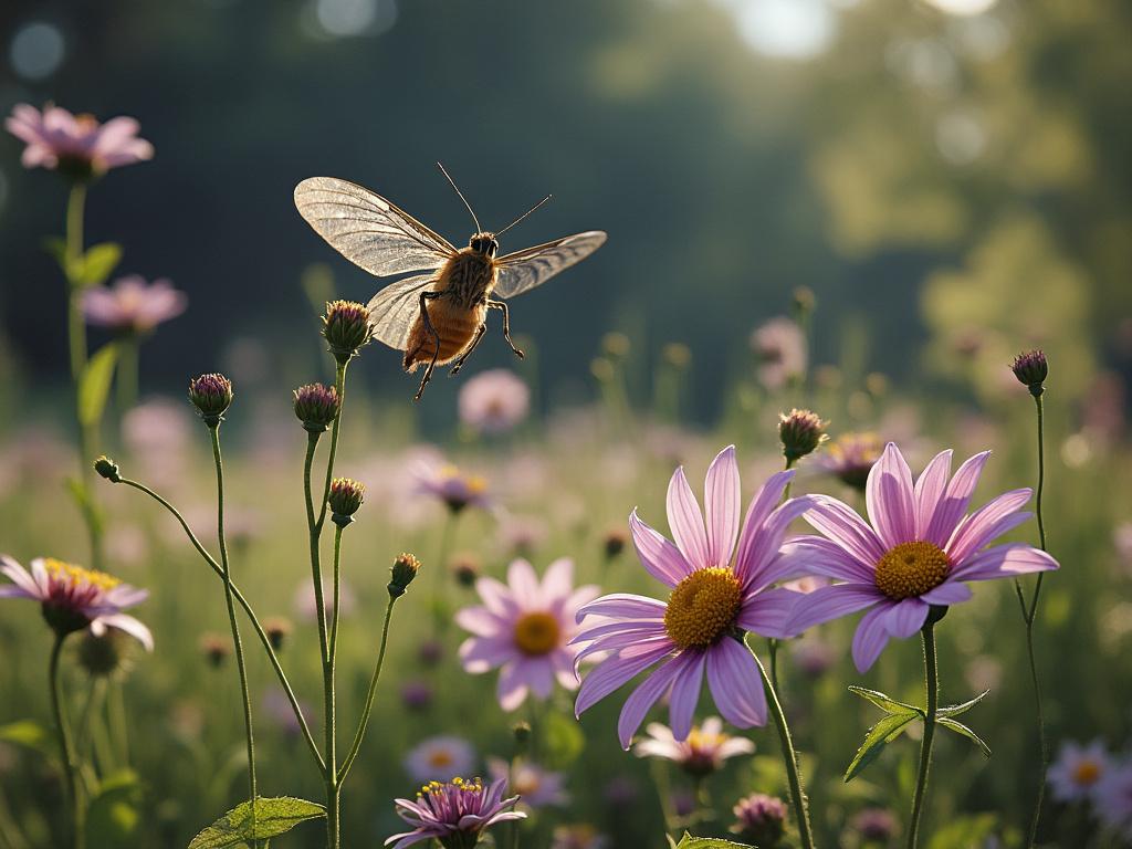 A bee hovering over blooming pink daisies in a sunny meadow.