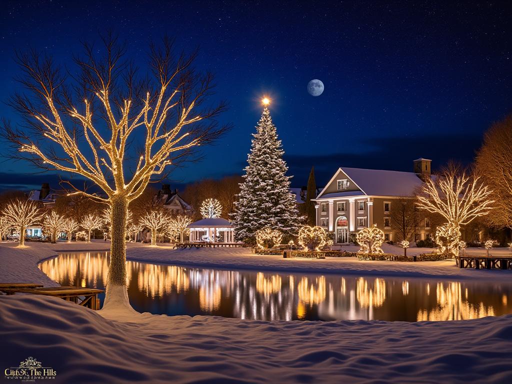 Winter night scene with illuminated trees, moonlit sky, large Christmas tree, and snow-covered landscape reflecting in a pond.
