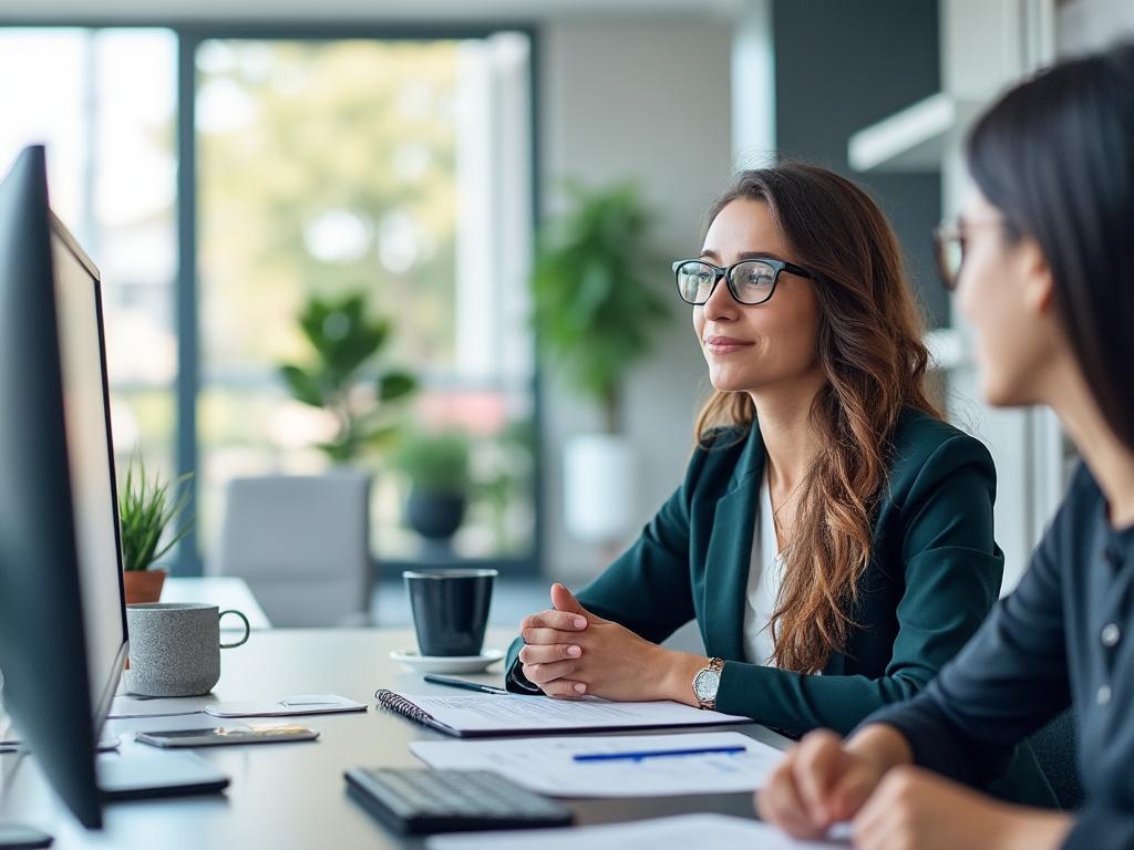 Modern conference room with large windows, sleek table, chairs, potted plants, and an empty whiteboard.