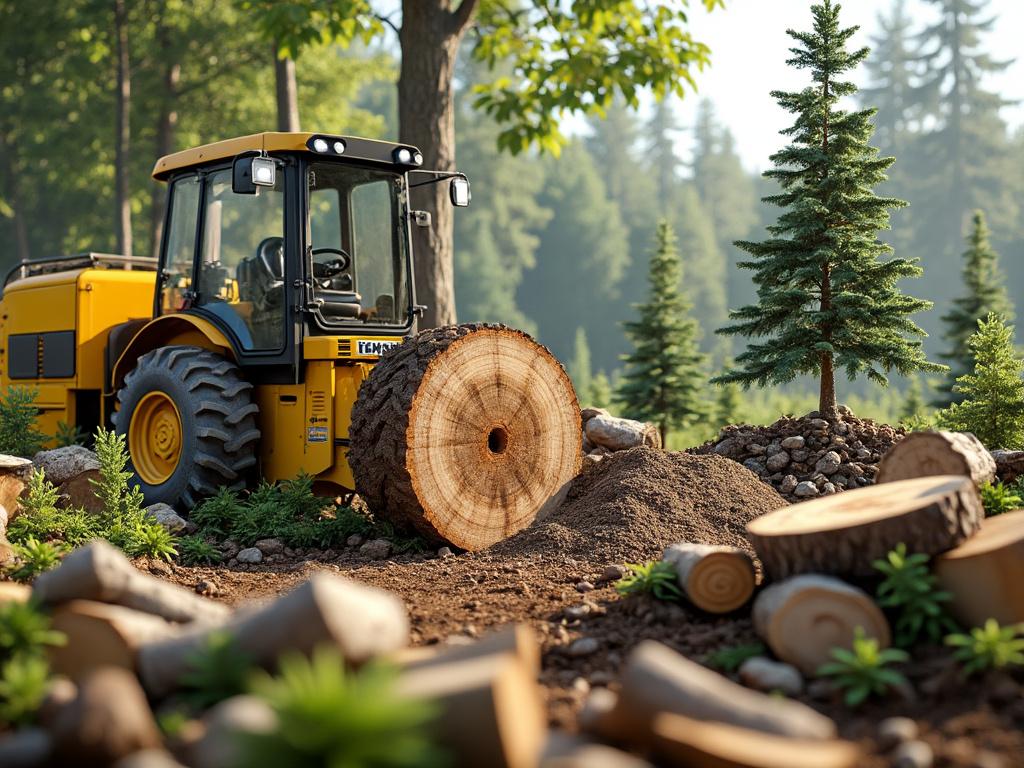 Yellow tractor in a forest clearing with a large cut tree stump and smaller logs, surrounded by evergreen trees and fresh soil.