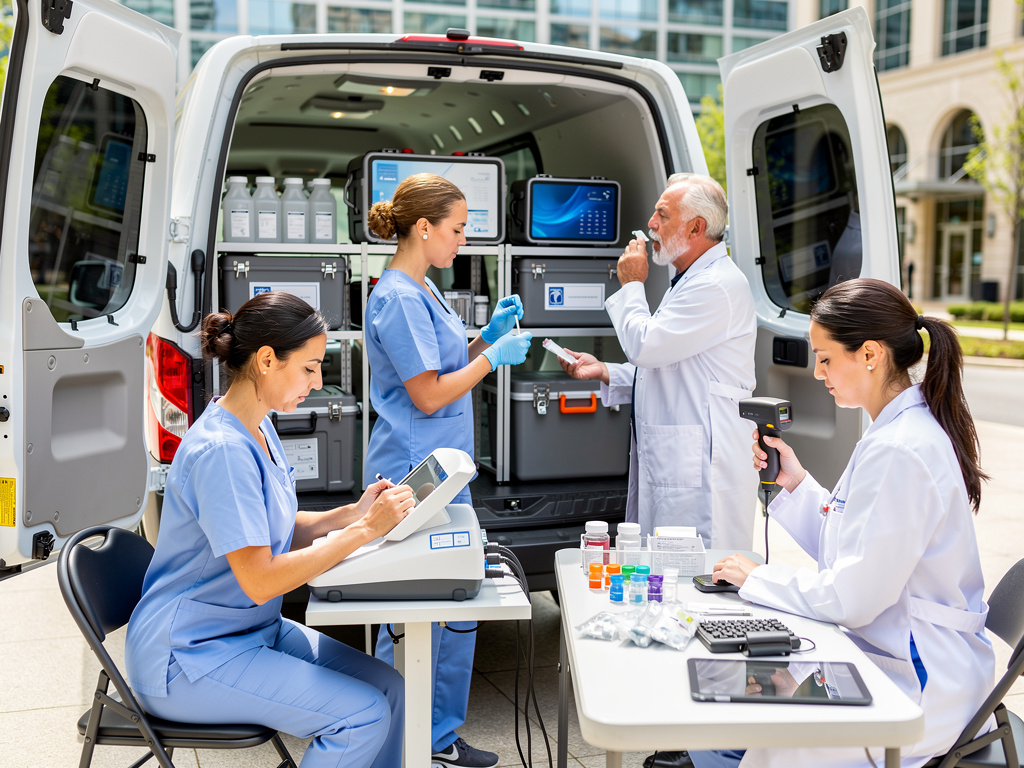 Medical team conducting mobile lab testing with equipment and samples outside a hospital van
