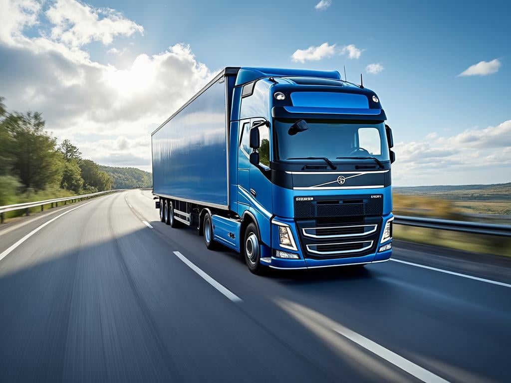 Camion bleu roulant sur une route dégagée sous un ciel ensoleillé.