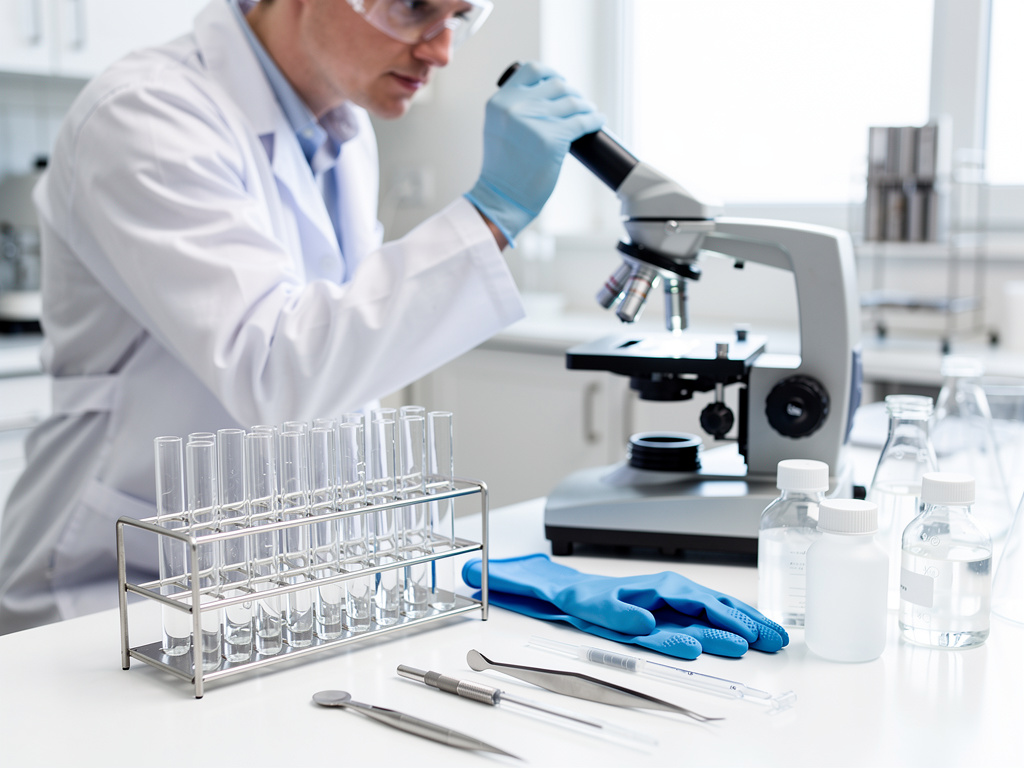 Scientist in lab coat using microscope with test tubes, gloves, and laboratory equipment on white bench