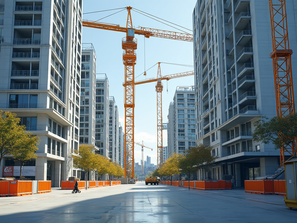 Urban construction site with high-rise buildings and cranes, lined with trees and safety barriers.