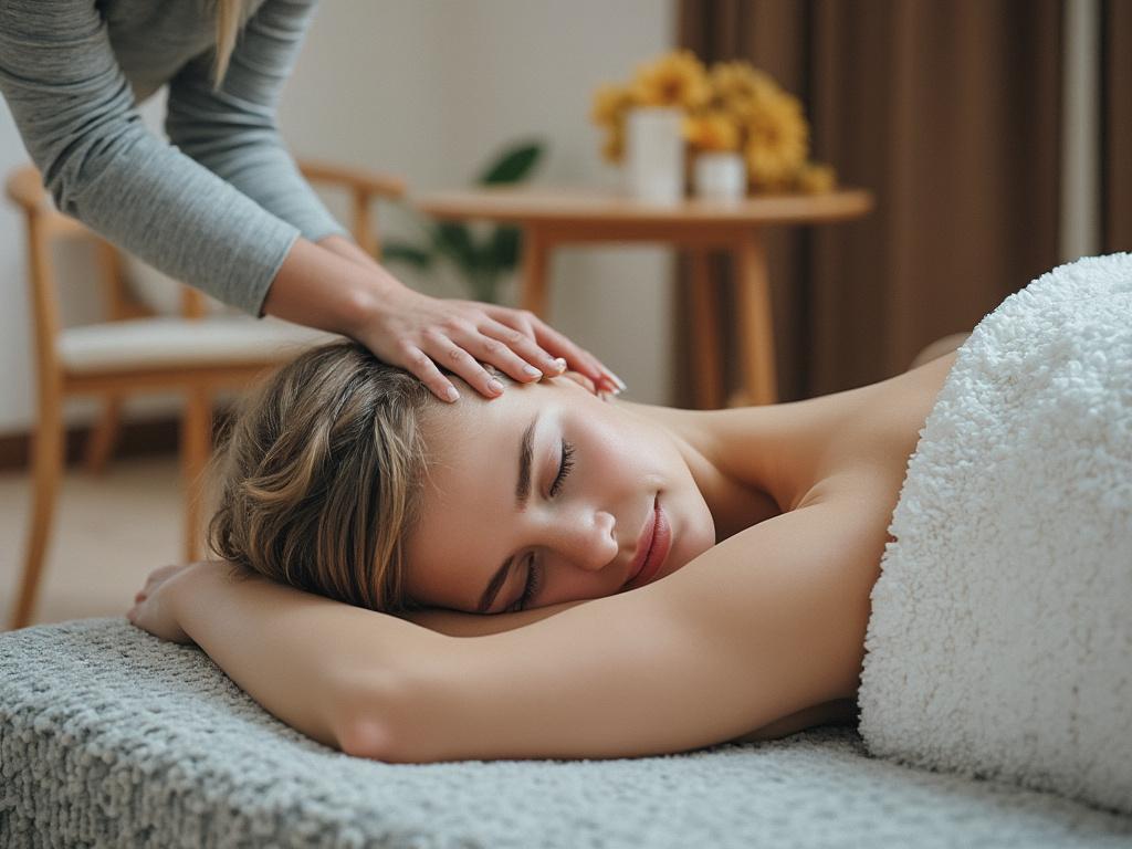 Woman receiving a relaxing head massage in a tranquil spa setting. Woman receiving a relaxing head massage in a tranquil spa setting.