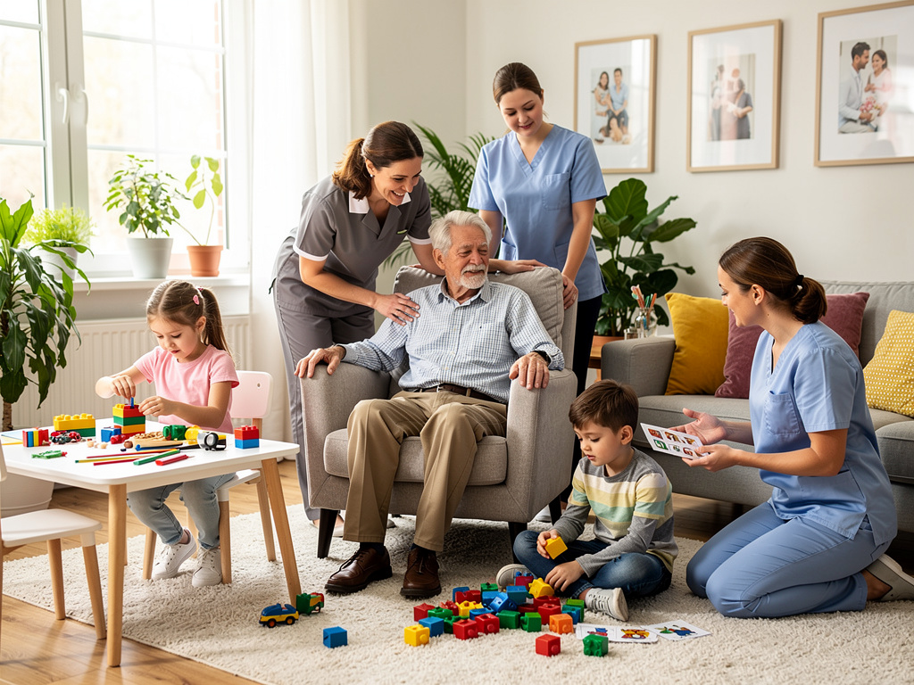 Elderly man in armchair with caregivers and children playing with blocks in bright family care living room