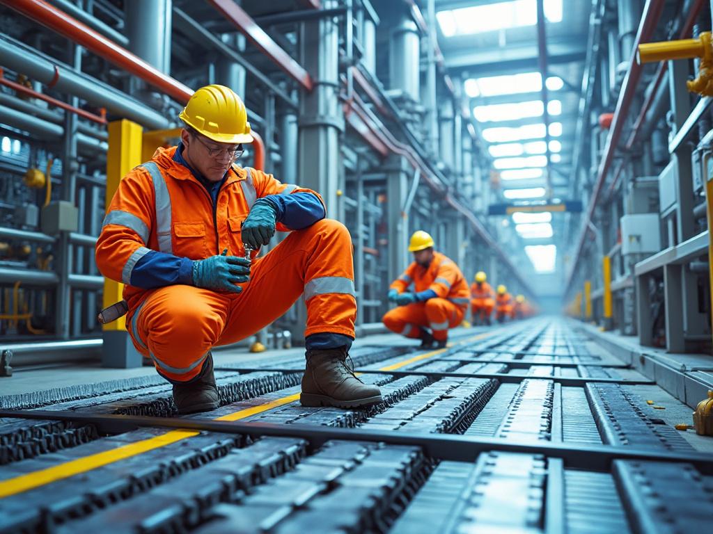 Workers in orange safety gear inspecting industrial machinery in a large factory setting.