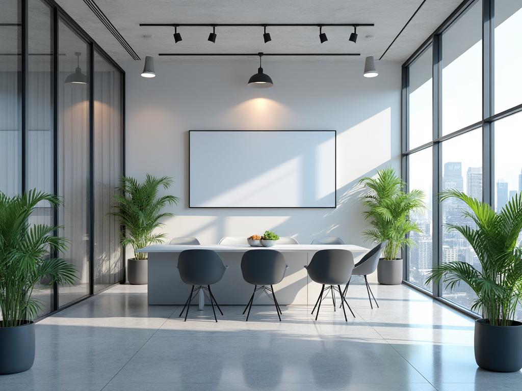 Modern conference room with large windows, sleek table, chairs, potted plants, and an empty whiteboard.