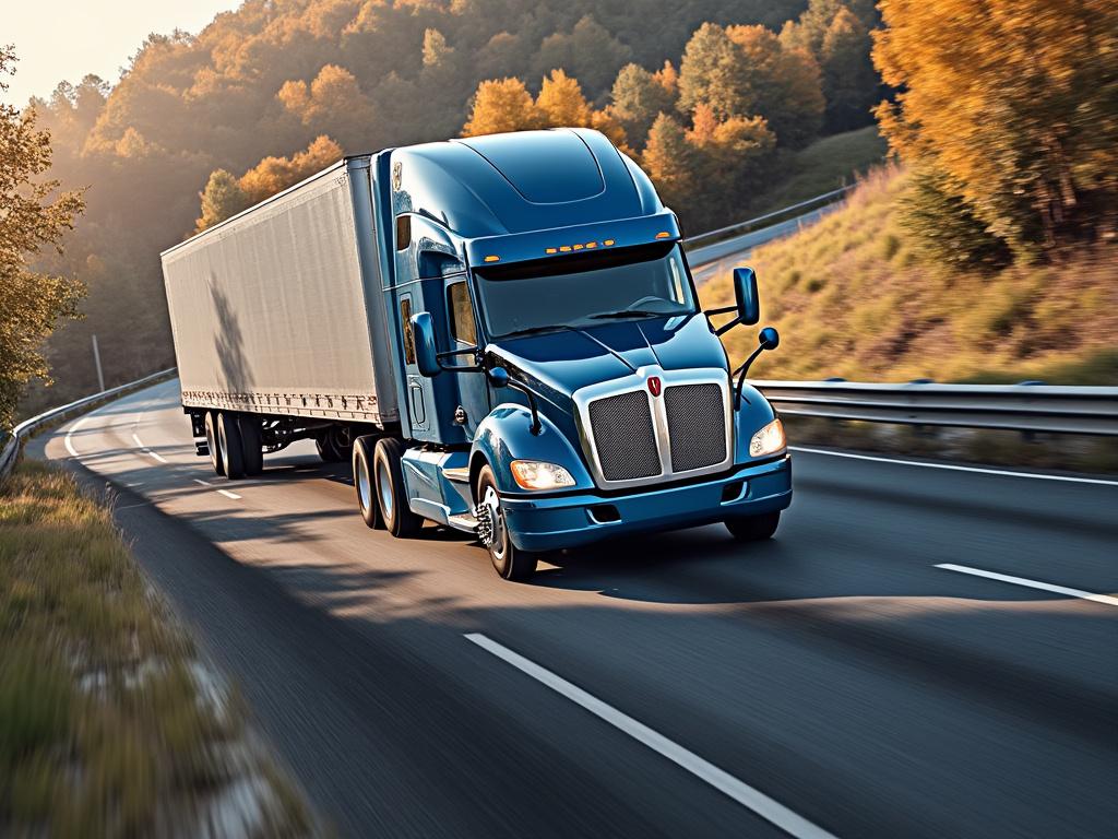 Blue semi-truck driving on a highway with autumn foliage in the background.