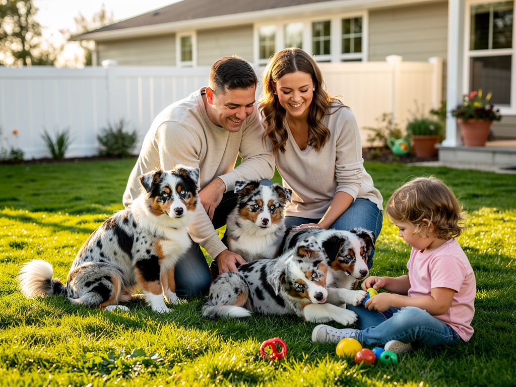 Family playing with Australian Shepherd dogs in a sunny backyard with child and pet toys Family playing with Australian Shepherd dogs in a sunny backyard with child and pet toys
