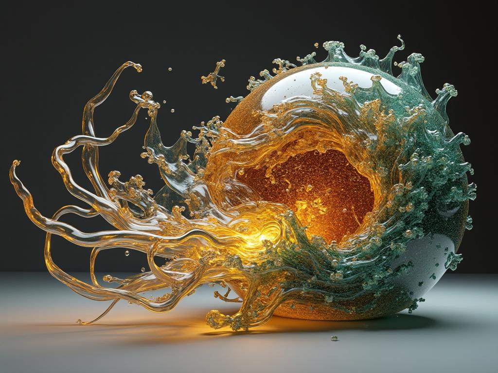 3D rendering of a glass sphere with dynamic orange and teal liquid splash in motion