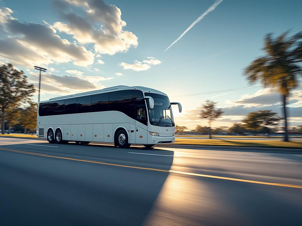 Modern white tour bus driving on a sunny road with palm trees and blue sky background.