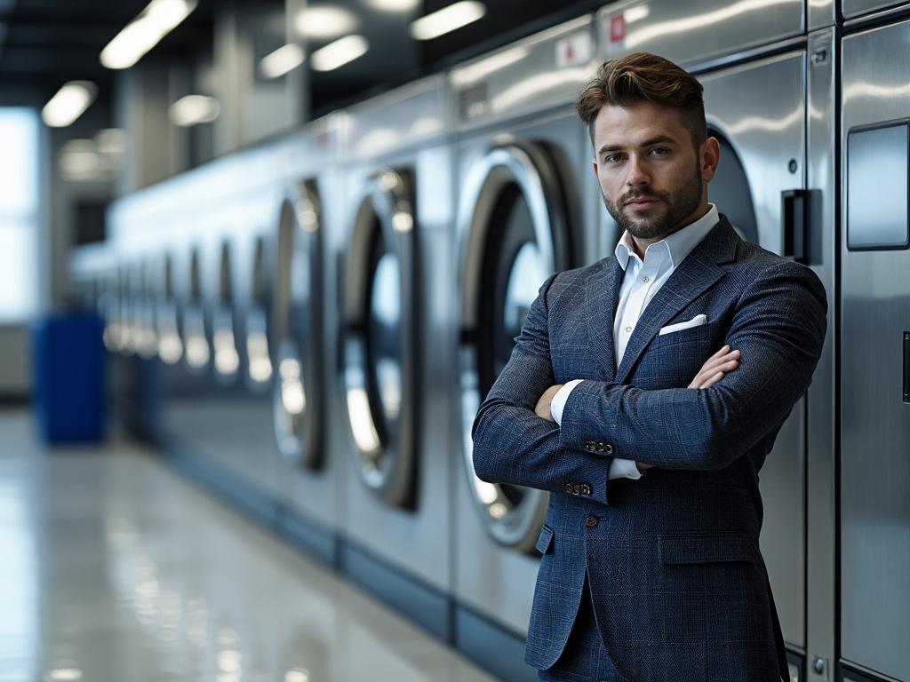 Man in a suit standing confidently in a modern laundromat, with industrial washing machines in the background. Man in a suit standing confidently in a modern laundromat, with industrial washing machines in the background.