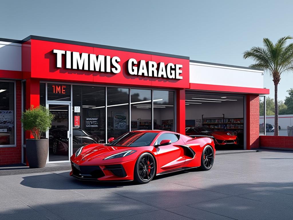 Rotes Sportauto vor Timmis Garage mit Palmen im Hintergrund