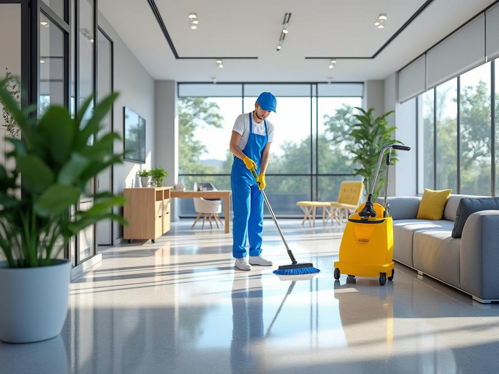 Person mopping floor in a modern, bright office space with large windows and plants.