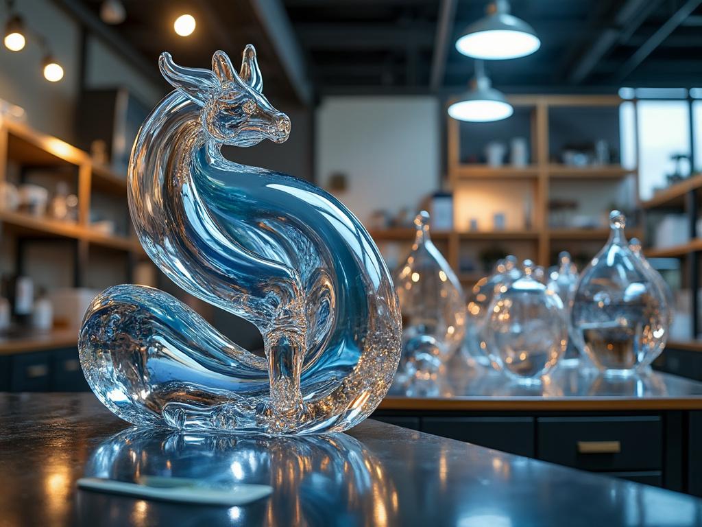 Glass sculpture of a dragon displayed on a reflective surface in an artisan studio with blurred background.