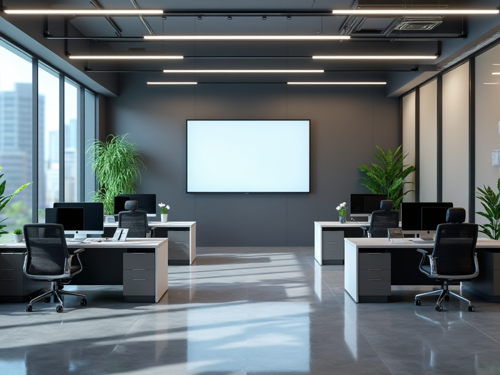 Modern open-plan office with desks, computers, plants, large wall display, and floor-to-ceiling windows Modern open-plan office with desks, computers, plants, large wall display, and floor-to-ceiling windows