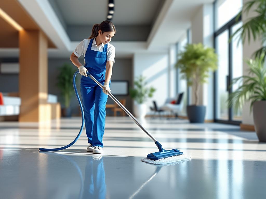 Professional cleaner mopping a bright, modern lobby with large windows and potted plants.