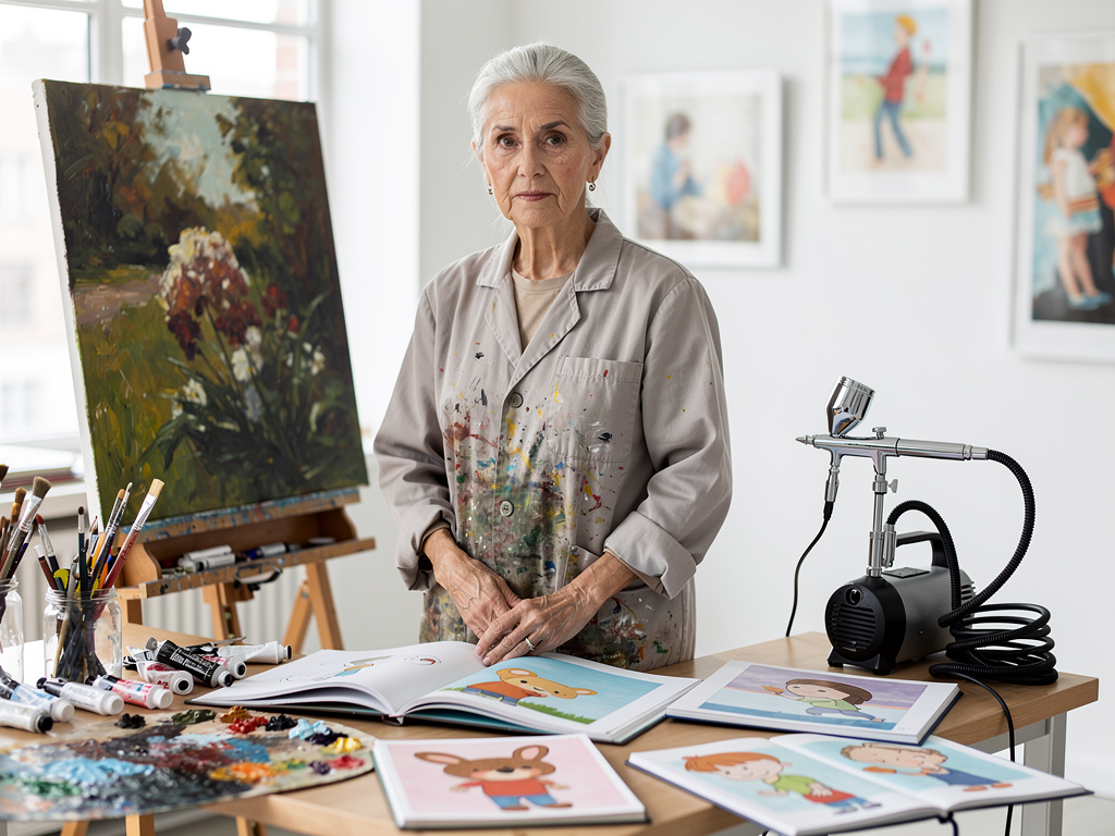 Elderly female artist in studio with easel, paint supplies, children's illustrations, and airbrush equipment
