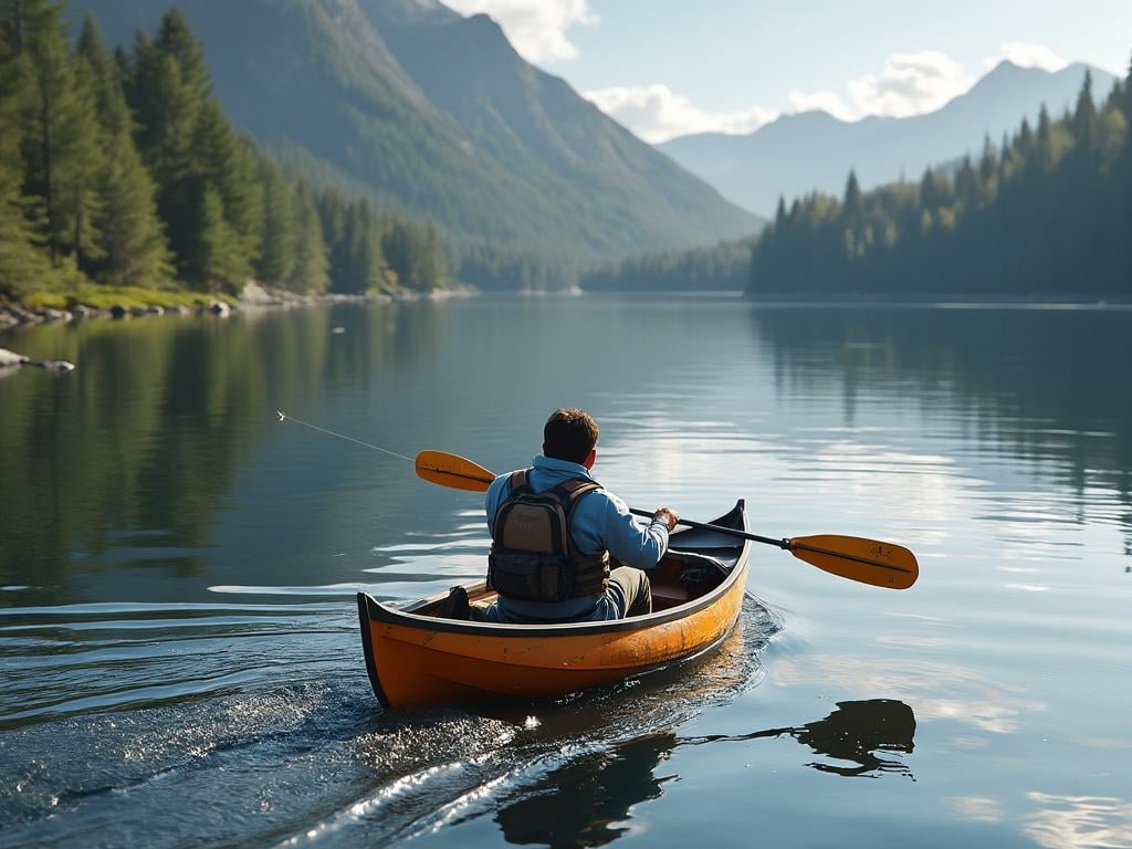 Person canoeing on a tranquil lake surrounded by forested mountains.