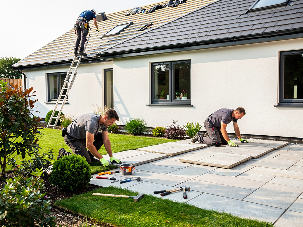 Construction workers installing patio paving slabs and roof tiles on a modern house exterior