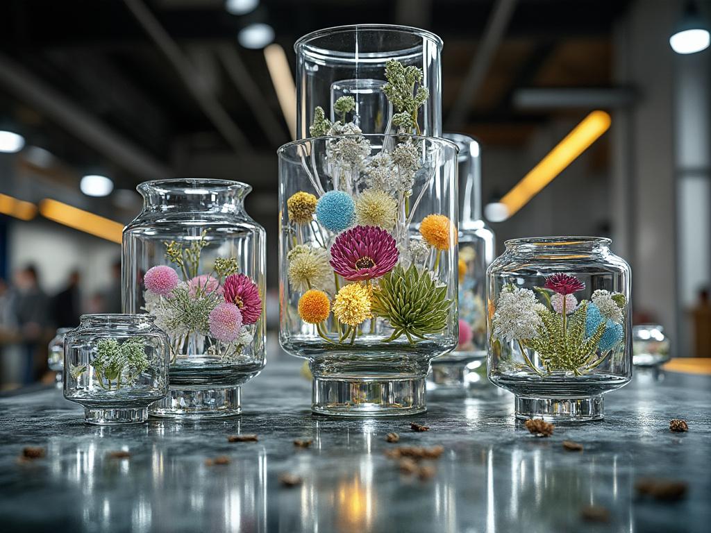 Colorful dried flowers arranged in clear glass vases on a table, with a modern indoor background.