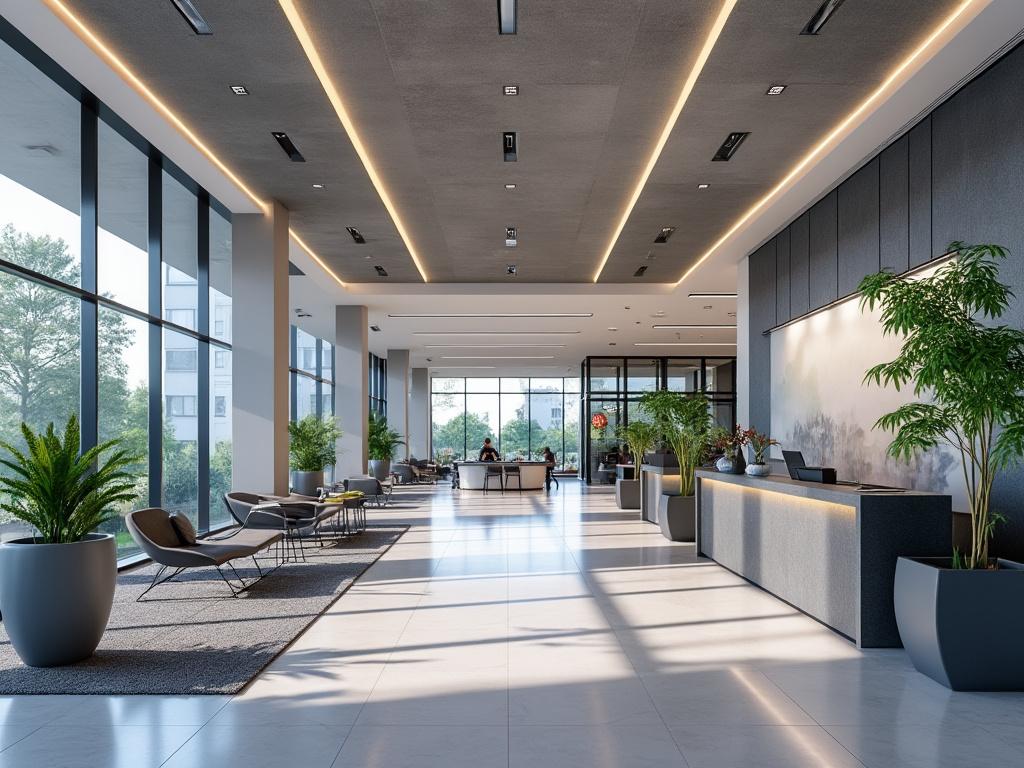 Modern office lobby with large windows, sleek furniture, and green plants.
