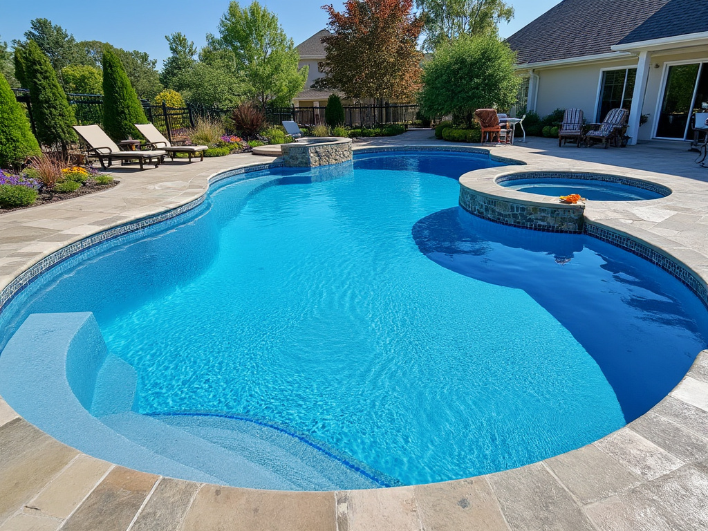 Luxurious backyard with a blue swimming pool, hot tub, and sun loungers surrounded by lush greenery and patio furniture.