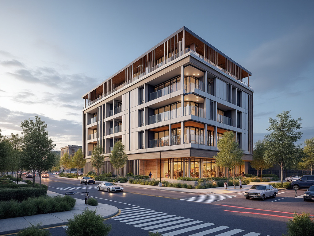 Modern mixed-use apartment building with balconies on a tree-lined urban street at dusk