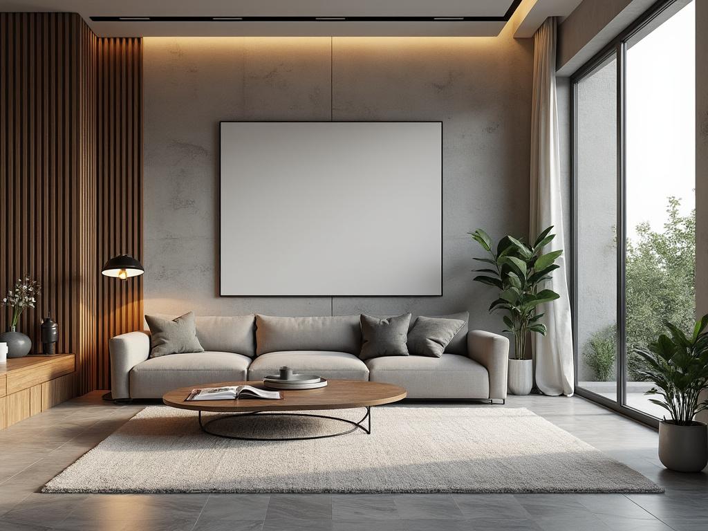Modern living room with a large beige sofa, a round wooden coffee table, plants, and a floor-to-ceiling window.