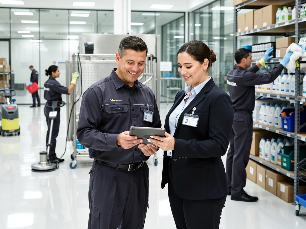 Facility cleaning team and manager reviewing tablet in modern supply room with janitorial staff and cleaning products