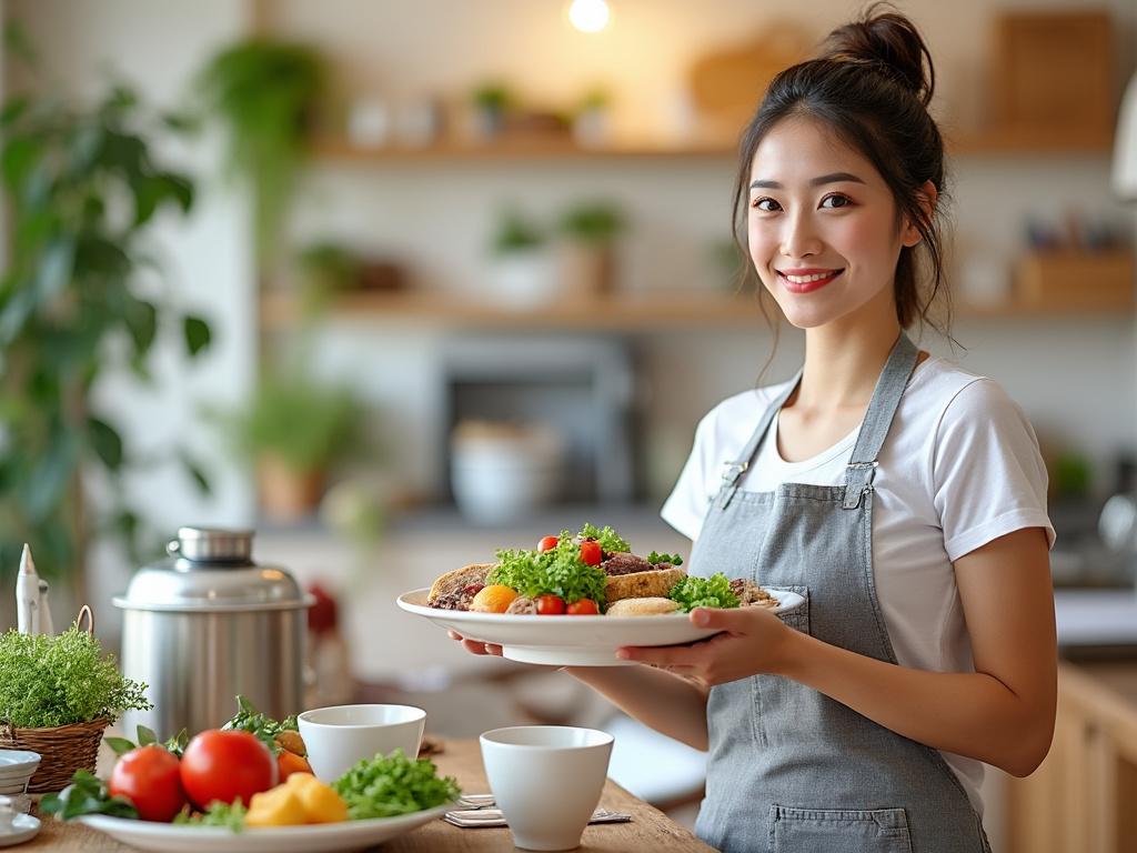 Smiling woman in a kitchen holding a plate of fresh, colorful food with vegetables and herbs on the table.