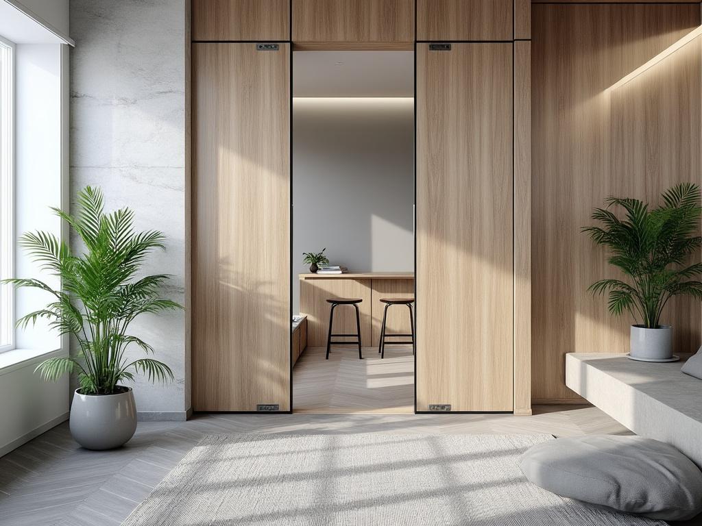 Interior moderno con plantas en maceta, paneles de madera y ventana iluminada por el sol.