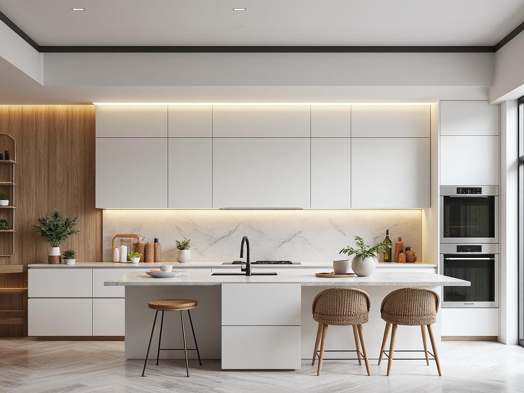 Modern kitchen with white cabinets, marble backsplash, island with wicker stools, and built-in appliances.
