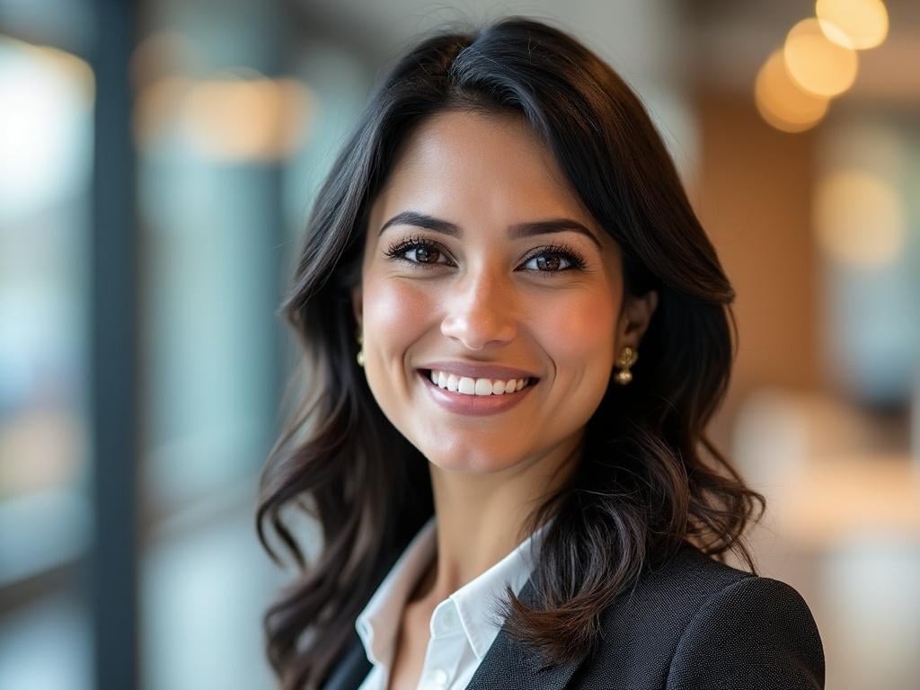 Professional woman smiling in business attire with blurred office background.