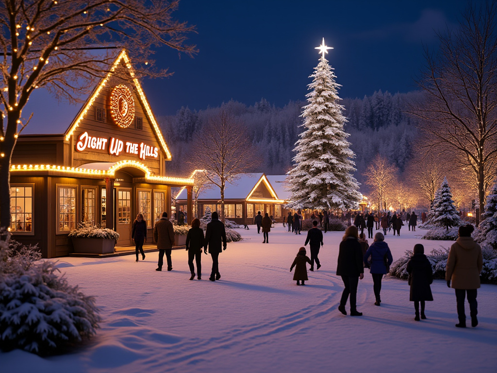 Snow-covered village with people strolling, illuminated Christmas trees, and a building adorned with 'Light Up the Hills' signage at dusk.

