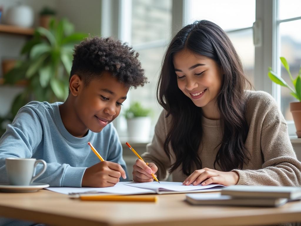 Young woman working on a laptop at a desk in a modern office space, with colleagues in the background and shelves filled with books.