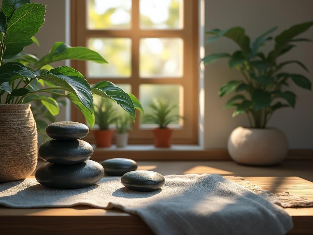 Zen stones stacked on a table with green houseplants and sunlight through a window.