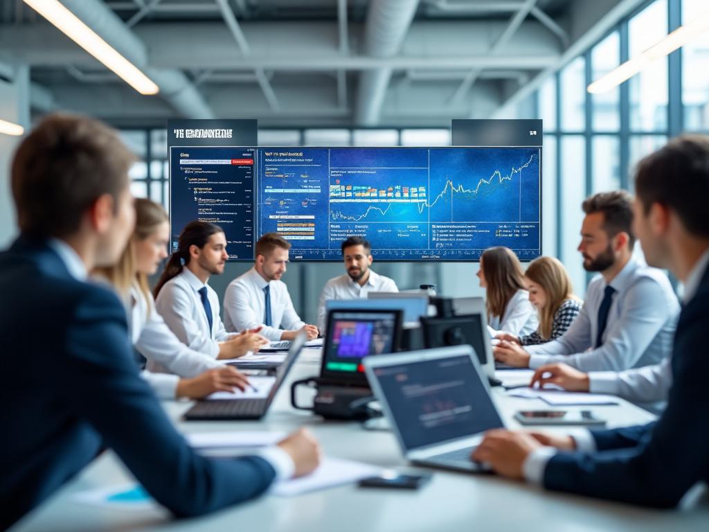 Team of professionals in a modern conference room discussing business strategies with digital charts displayed on screen.