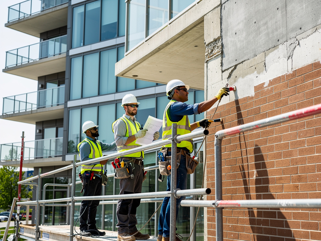Construction workers in hard hats inspecting exterior brick wall on scaffolding at modern apartment building