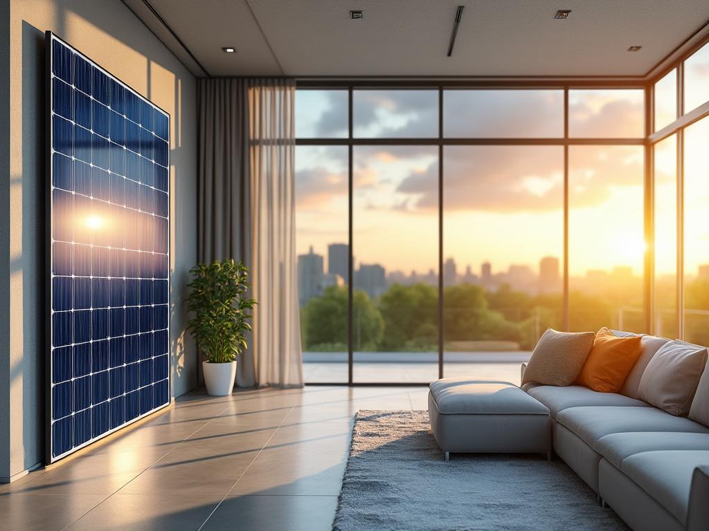 Sala de estar moderna con sofá blanco, panel solar en la pared y gran ventanal mostrando la puesta de sol sobre la ciudad.
