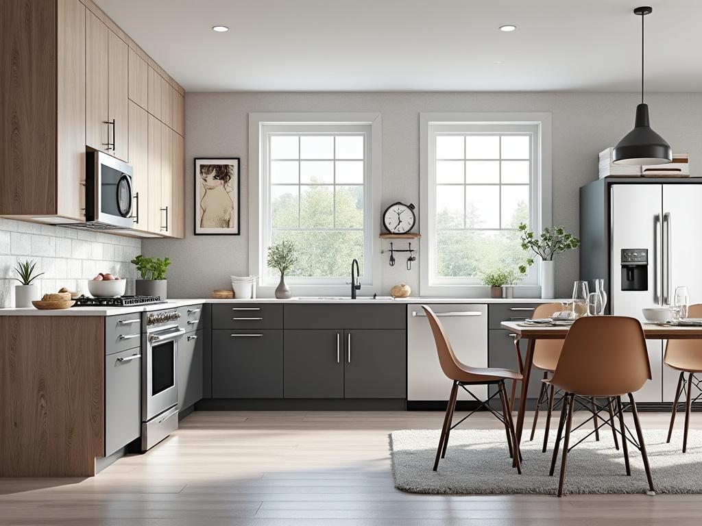 Modern kitchen interior with wooden and gray cabinets, stainless steel appliances, dining table with brown chairs, and large windows providing natural light.