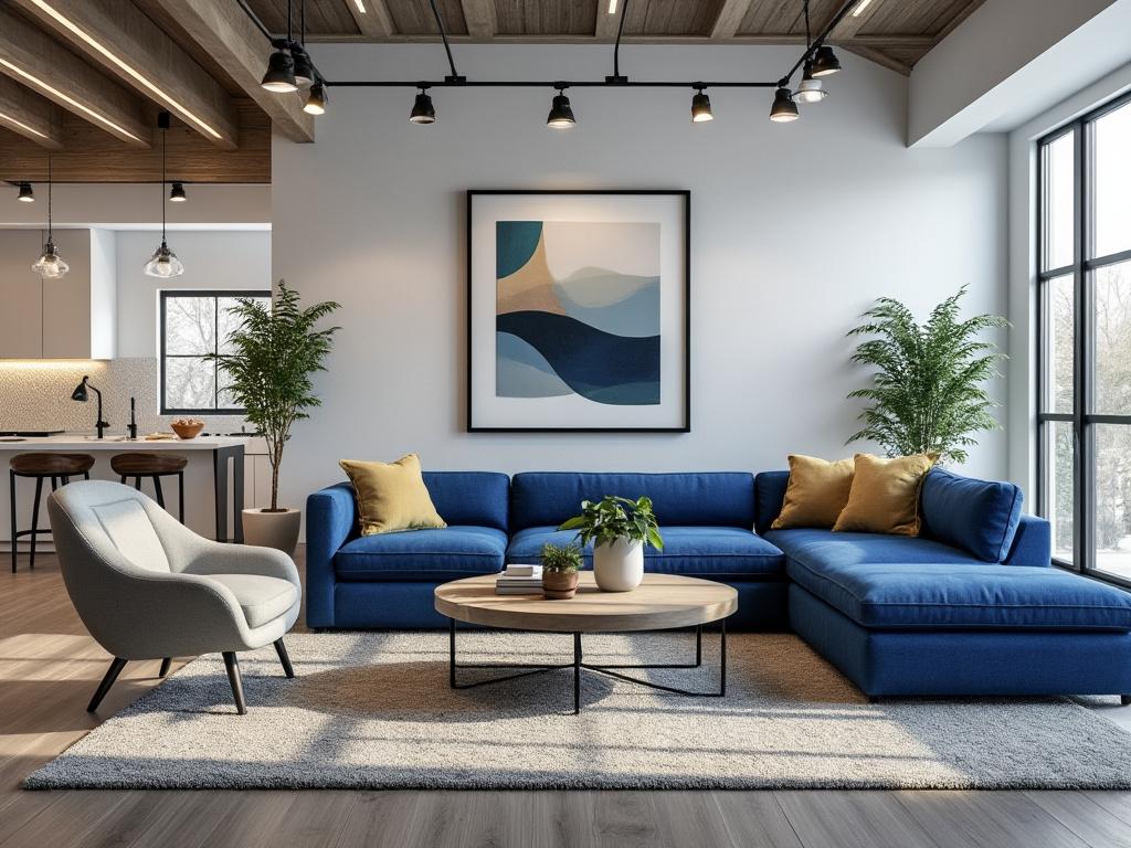 Modern living room with blue sectional sofa, armchair, coffee table, abstract wall art, and large windows with natural light.
