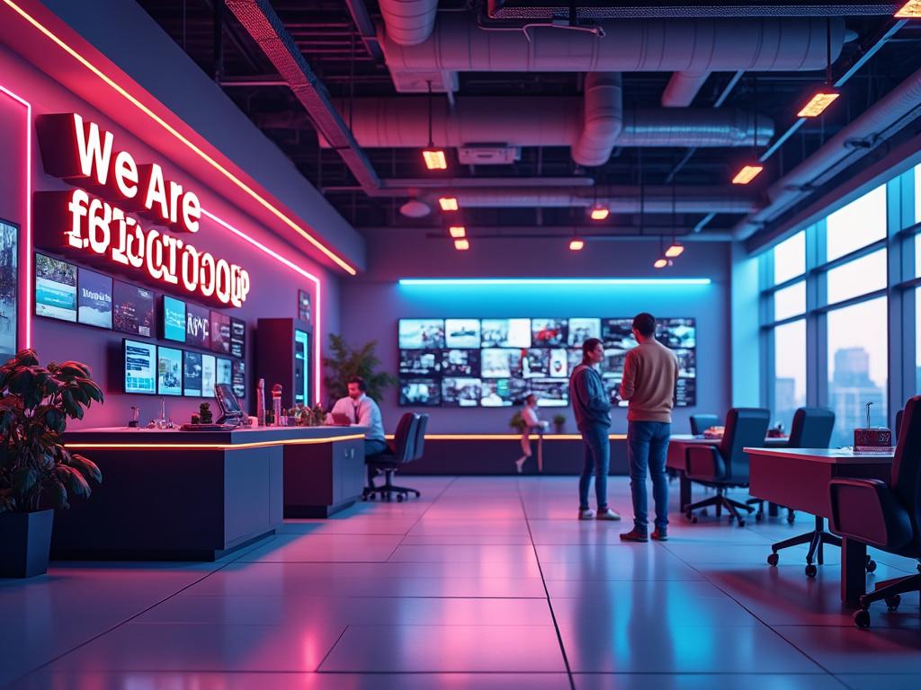 Modern office interior with neon lights, digital screens, and two people having a conversation with a city view.
