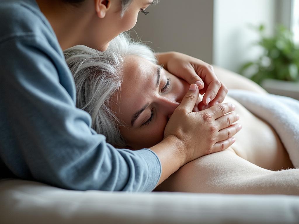 Woman receiving a relaxing face massage at a spa with natural light.
Woman receiving a relaxing face massage at a spa with natural light.