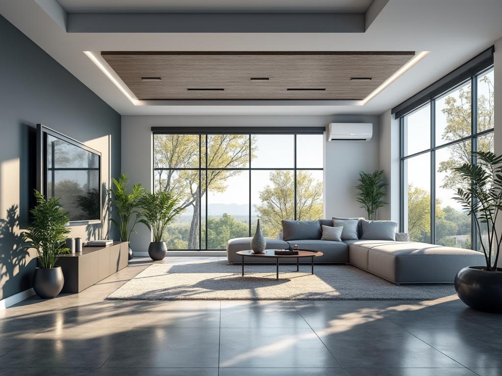 Modern living room with large windows, sectional sofa, and indoor plants.